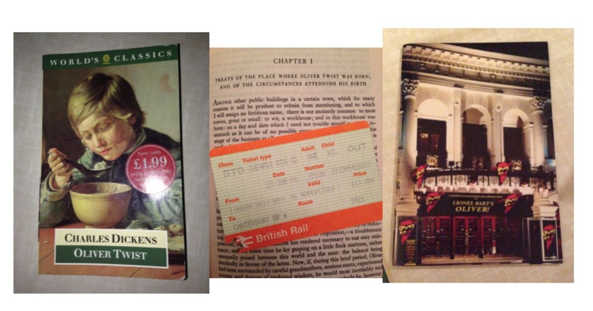 Oliver book, British Rail train ticket, and Oliver show program