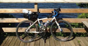 Salsa Vaya bicycle with packs alongside fence by a lake