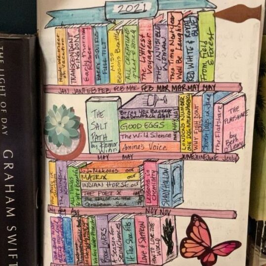 a drawing of a bookshelf with my favorite books read in 2021